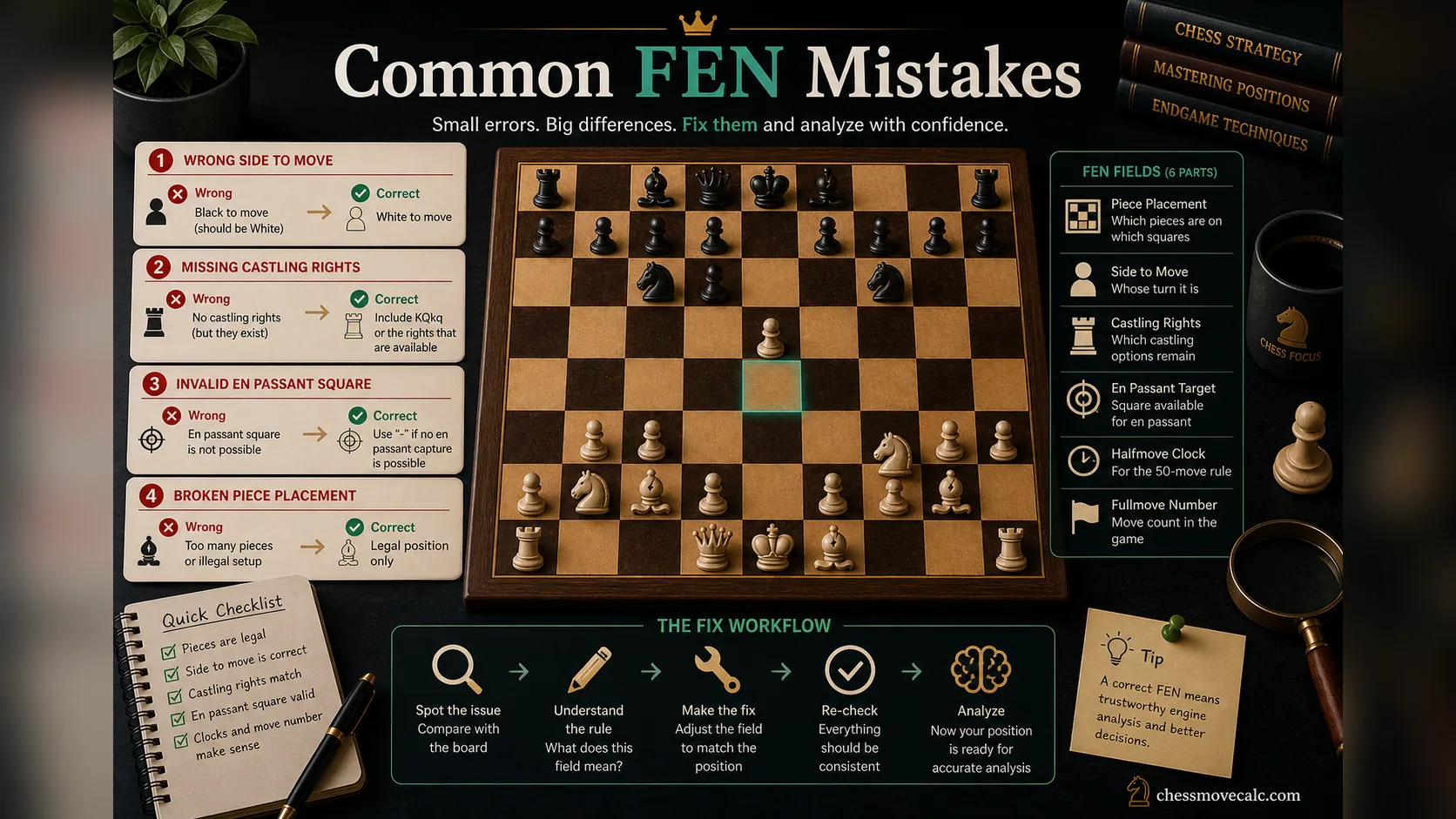 Troubleshooting infographic showing common FEN mistakes