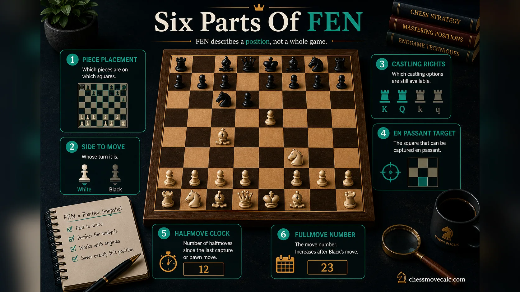 Infographic breaking a FEN string into its six fields