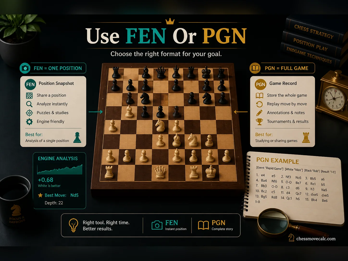 Comparison infographic showing when to use FEN versus PGN in chess analysis