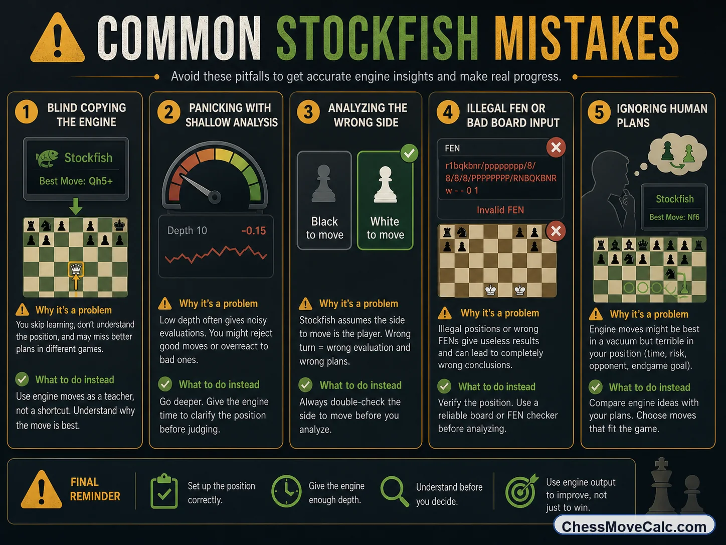 Infographic showing the most common mistakes people make when using Stockfish online