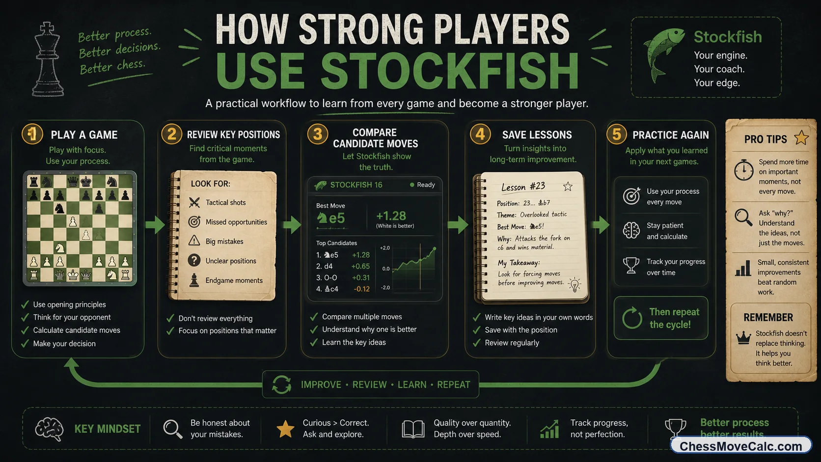 Workflow infographic showing how strong players use Stockfish for improvement
