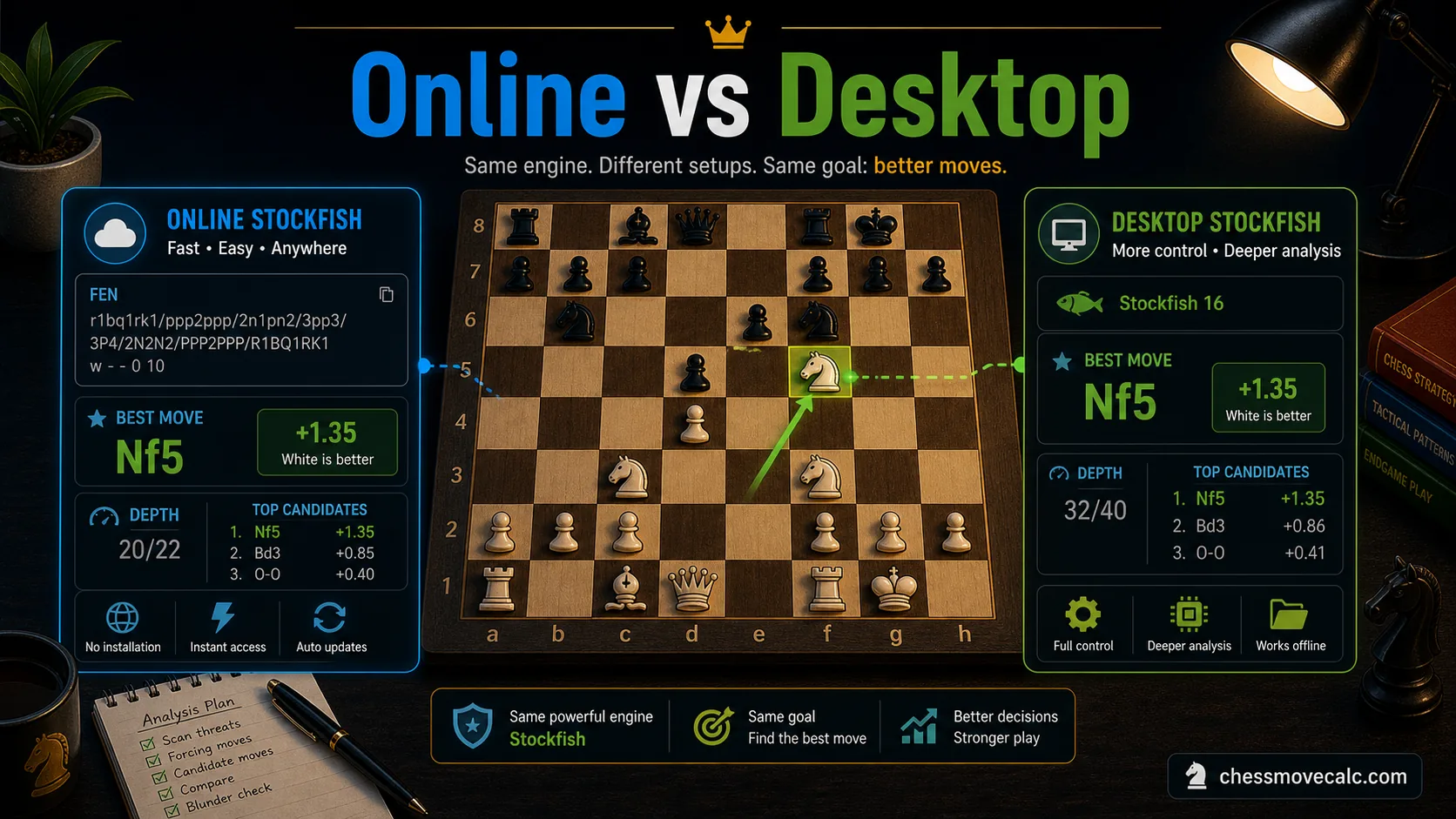 Comparison infographic between online Stockfish and desktop Stockfish