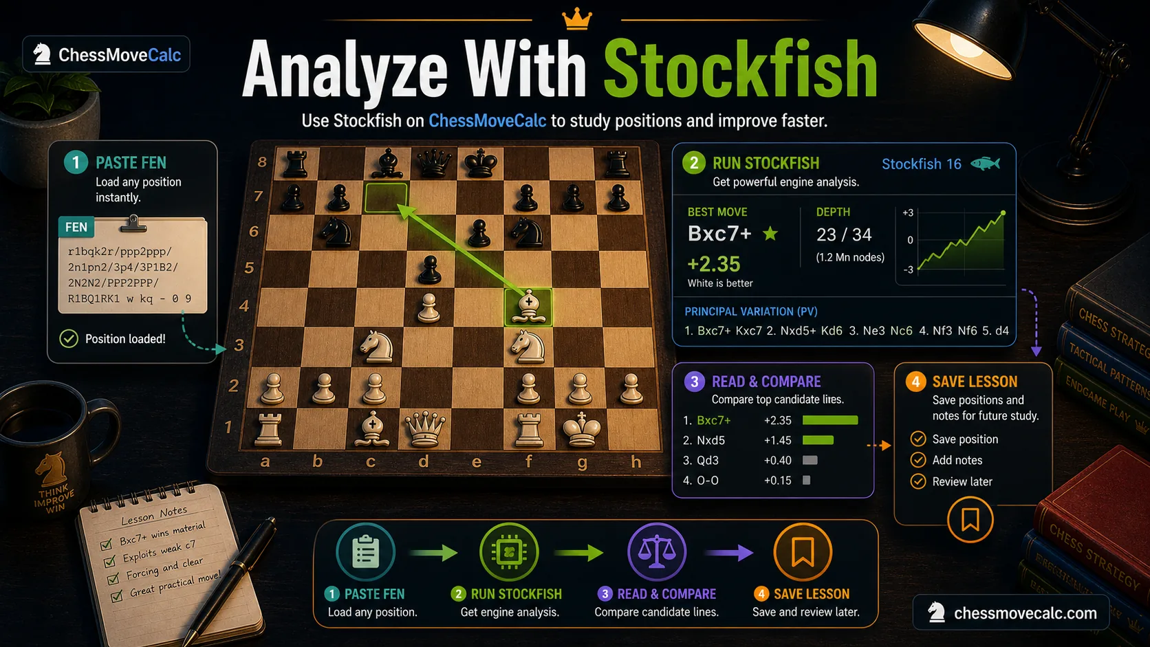 Branded workflow infographic showing how to use Stockfish features on ChessMoveCalc