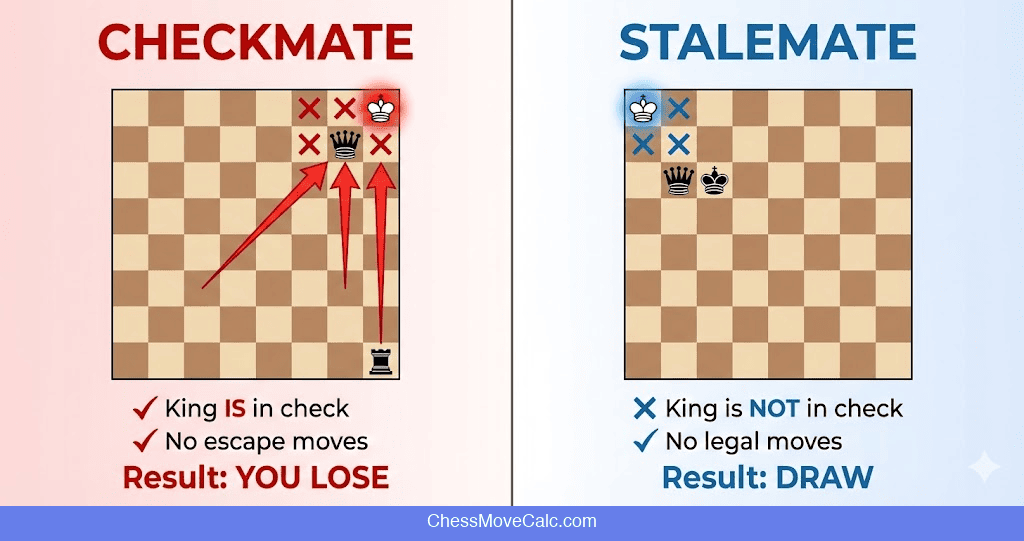 Side by side comparison of checkmate versus stalemate positions
