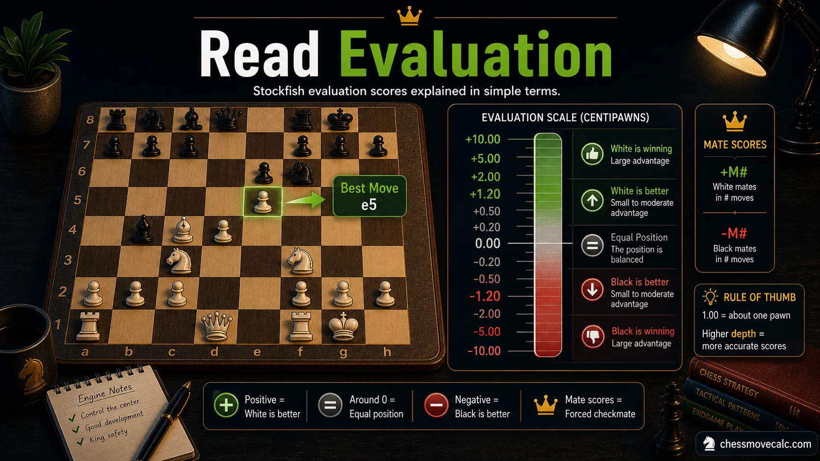 Infographic showing how to read Stockfish evaluation scores