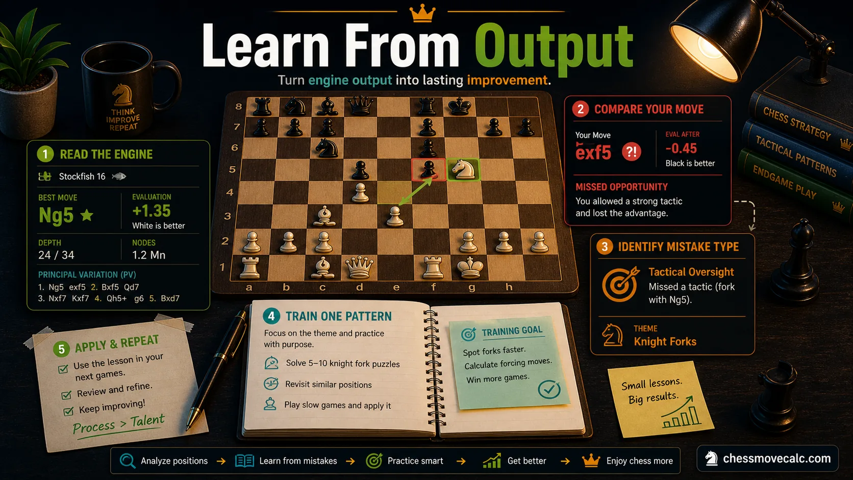 Infographic showing how to turn Stockfish engine output into real chess improvement