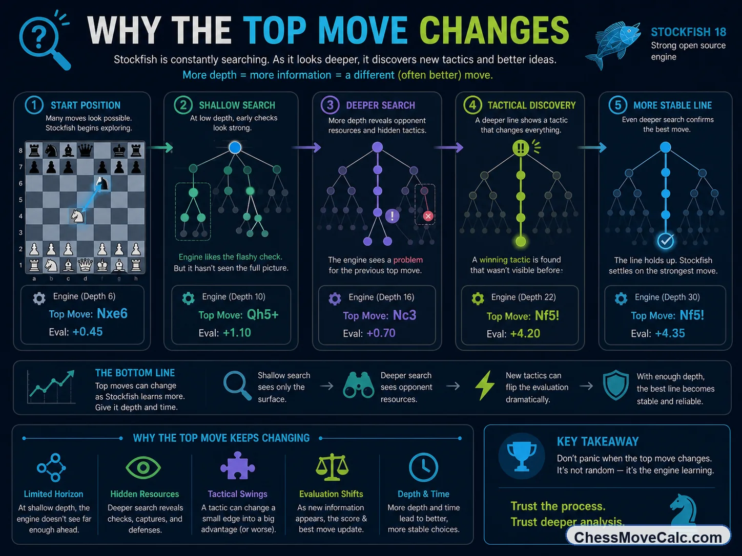 Infographic showing why the top move can change during Stockfish analysis