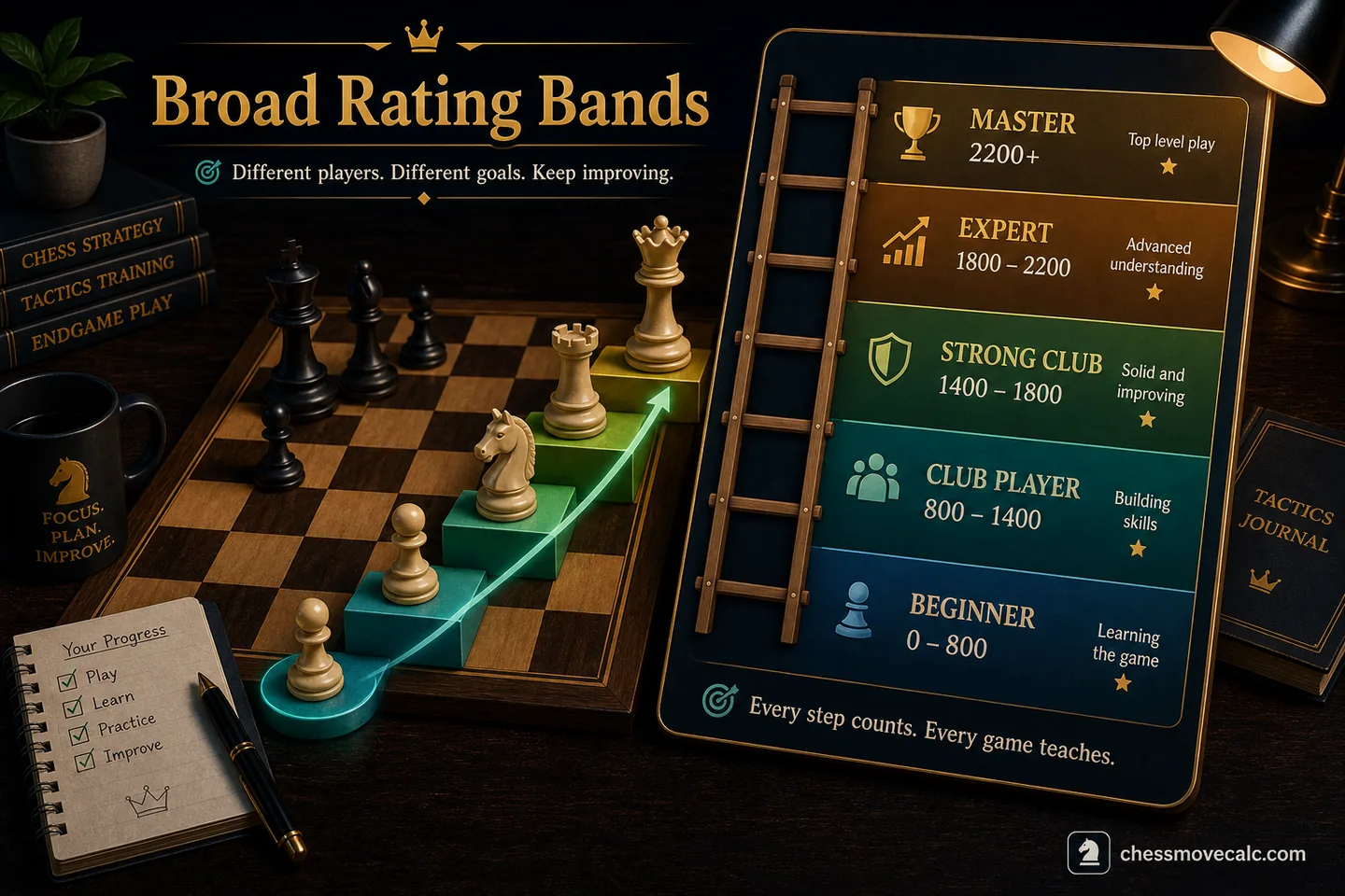 Ladder-style benchmark graphic showing broad rating bands