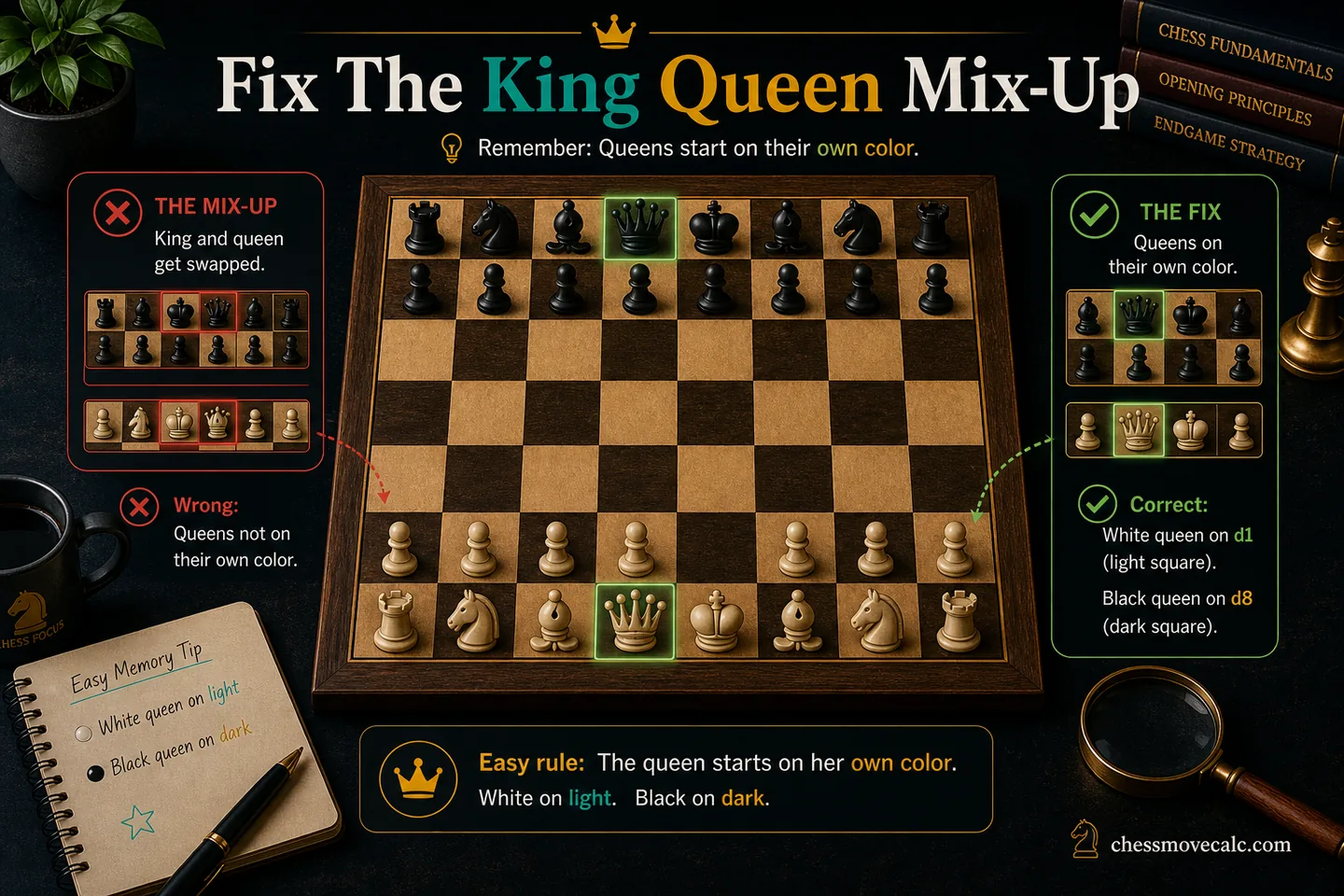 Explainer graphic showing a swapped king and queen setup and why it happens