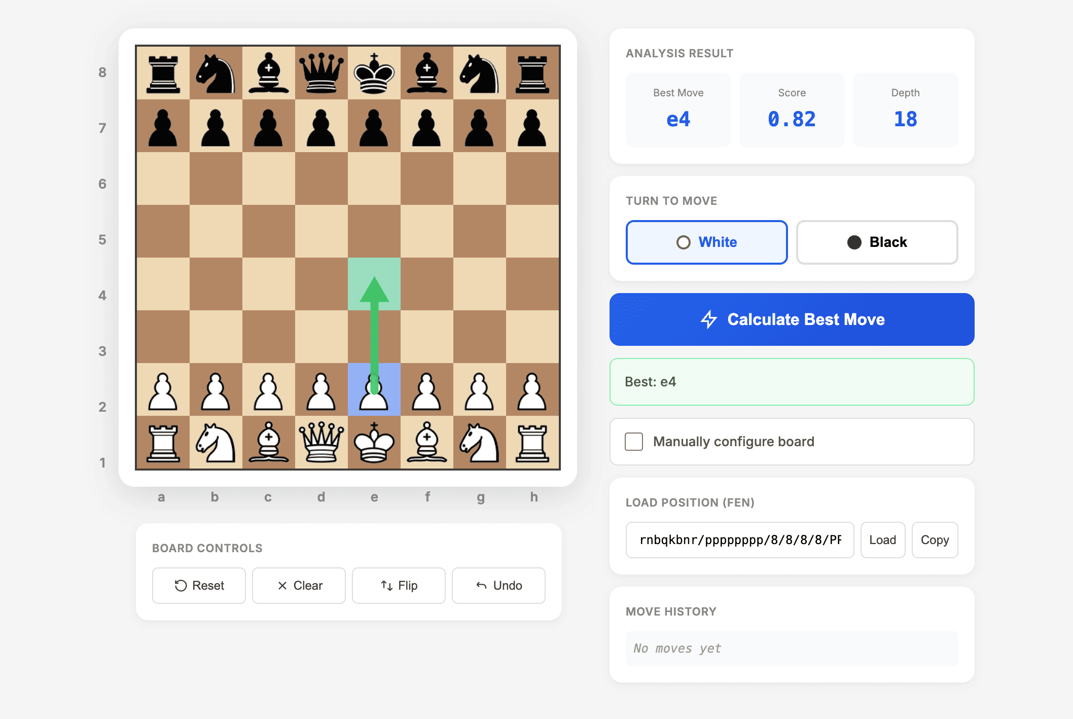 Chess calculator showing Stockfish 16 engine analyzing a position with best move e4 highlighted, evaluation score 0.82, and depth 18 analysis